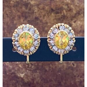 Vargas Vintage Yellow and Clear Rhinestone Screw Back Earrings